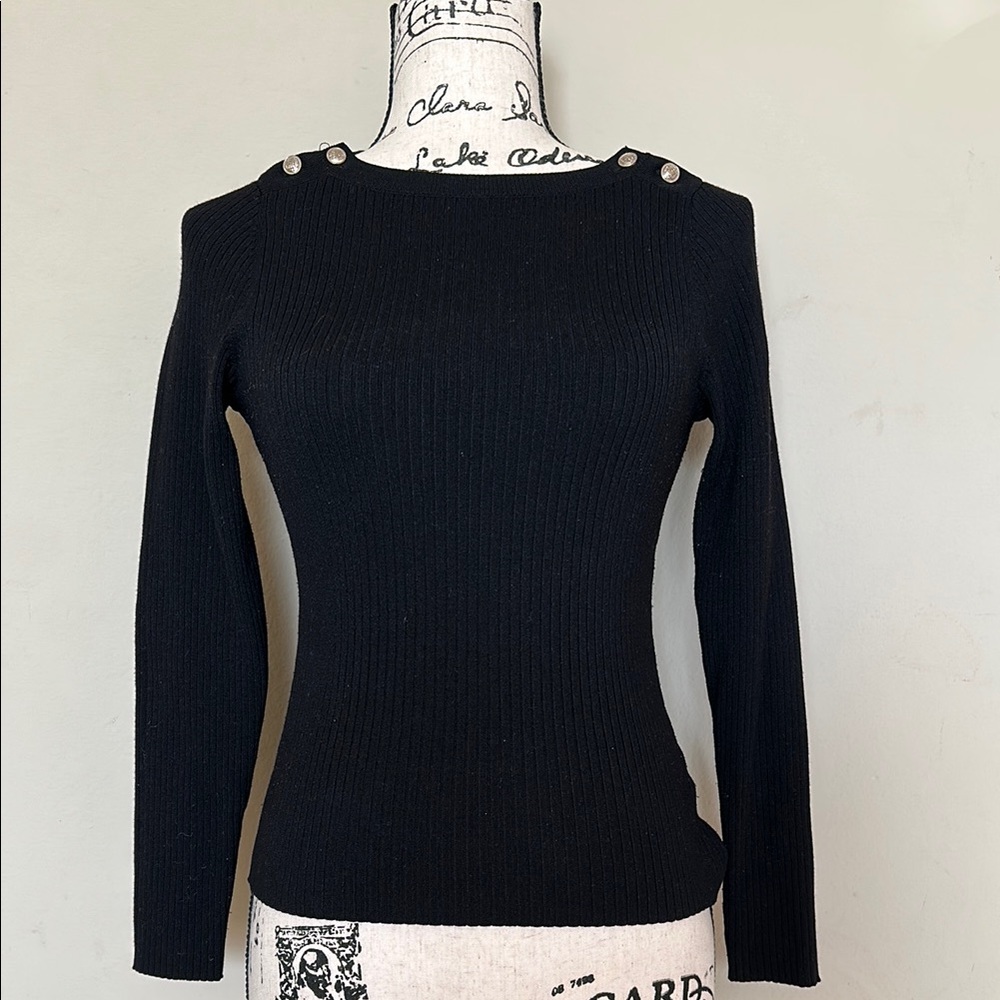 H&M Black Rib-Knit Boat Neck Pullover Sweater Button Shoulder Long Sleeve XS